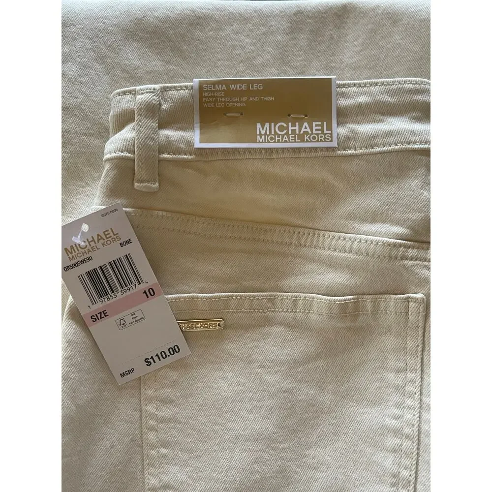 MICHAEL KORS SELMA FLARE COTTON HIGH RISE DENIM JEANS CREAM 10